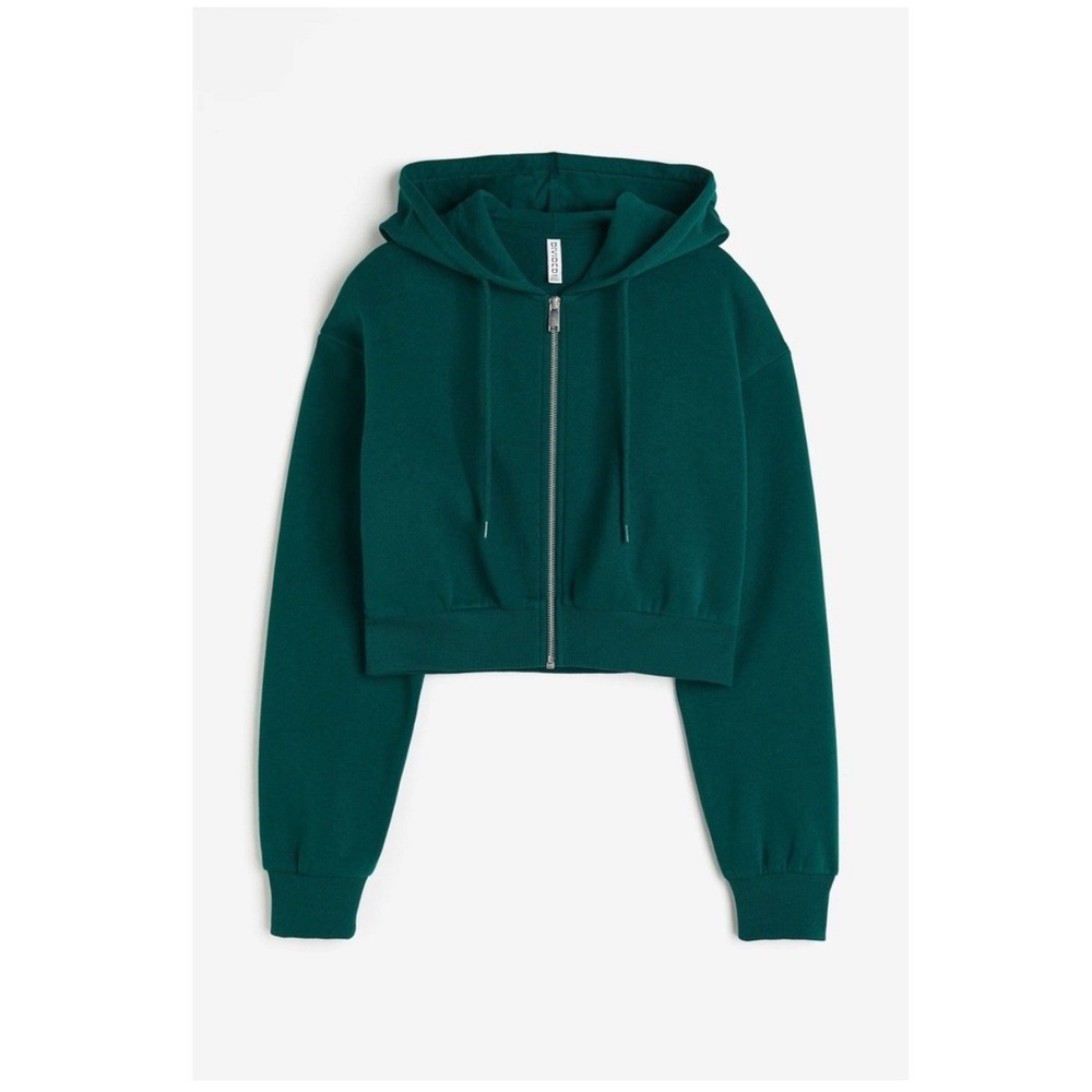 H&M Divided Forest Green Cropped Zip Up Hoodie Sweatshirt XL Women Long Sleeve